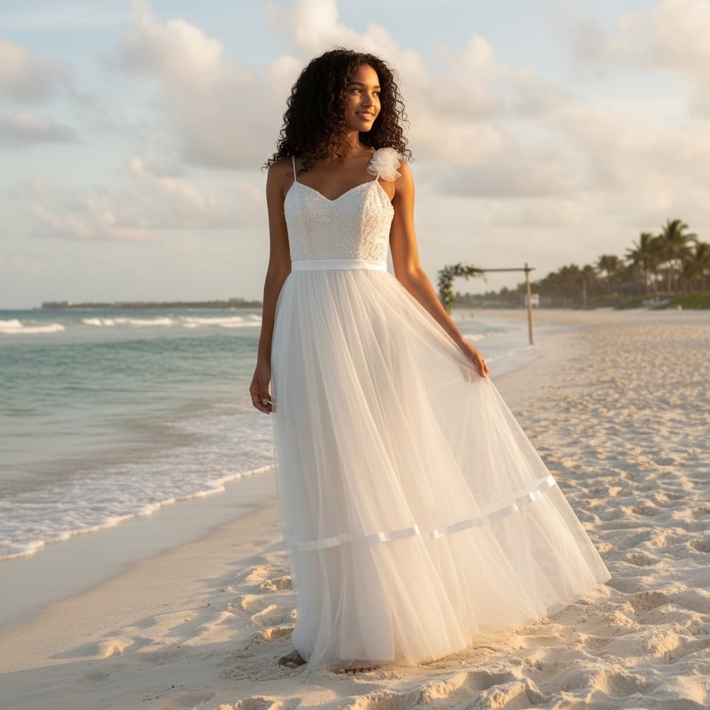 White Tulle Wedding Dress Sequin Pearl Embroidered Bodice Beach Bridal Gown